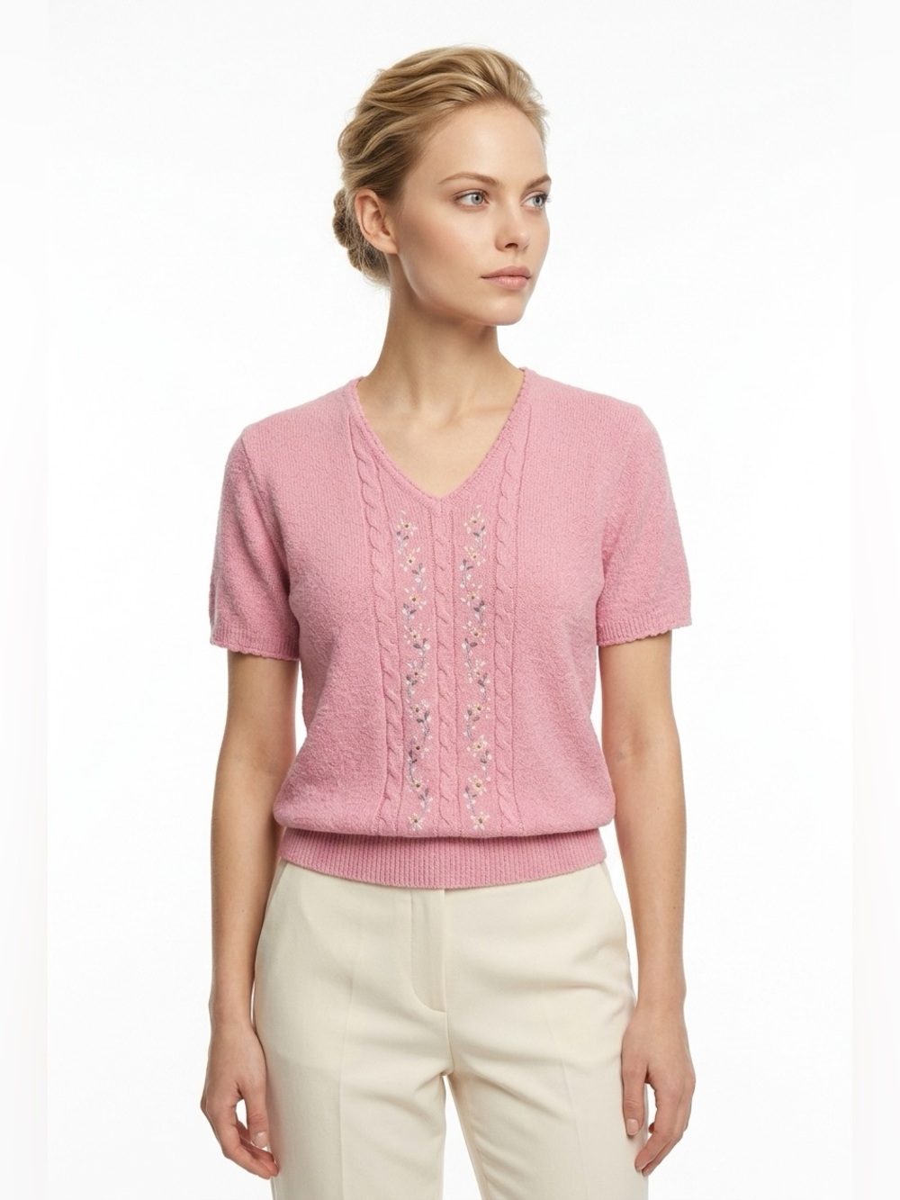Vintage Pink Short Sleeved V-Neck Cable Knit Floral Embroidered Sweater Medium